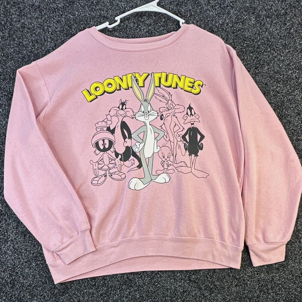 Looney Tunes Pink Graphic Fleece Pullover Crewneck Sweatshirt Women's 2XL